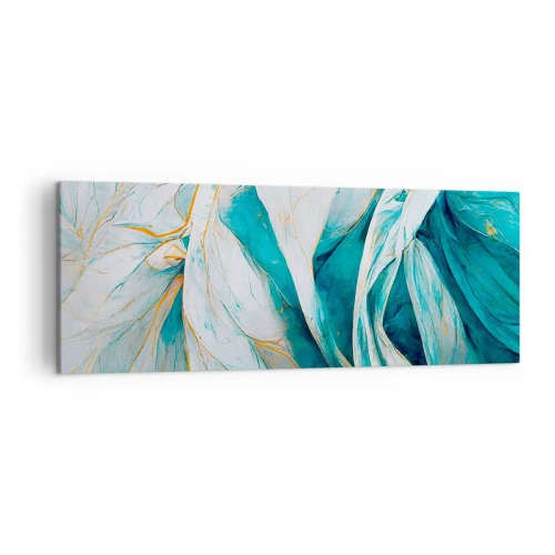 Bild auf Leinwand - Leinwandbild - Abstrakte blaue Blätter mit goldenen Details - 140x50cm - Blaue Abstraktion mit goldenem Motiv - Moderne Wanddekoration für Wohnzimmer und Schlafzimmer ARTTOR