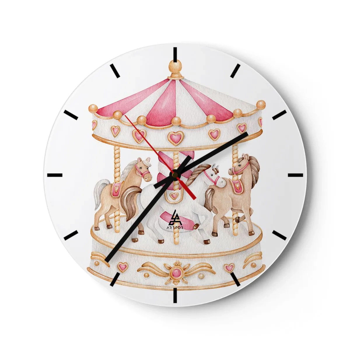 Wanduhr - Glasuhr - Rosa und cremefarbenes Karussell mit Pferden auf weißem Hintergrund - 30x30cm - Süße Welt der Kindheit - Moderne Wanddekoration für Wohnzimmer, Küche und Schlafzimmer ARTTOR