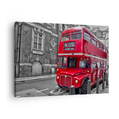 Bild auf Leinwand - Leinwandbild - Ein roter Doppeldeckerbus in London vor der Kulisse klassischer Architektur - 70x50cm - Immer gleich - Moderne Wanddekoration für Wohnzimmer und Schlafzimmer ARTTOR