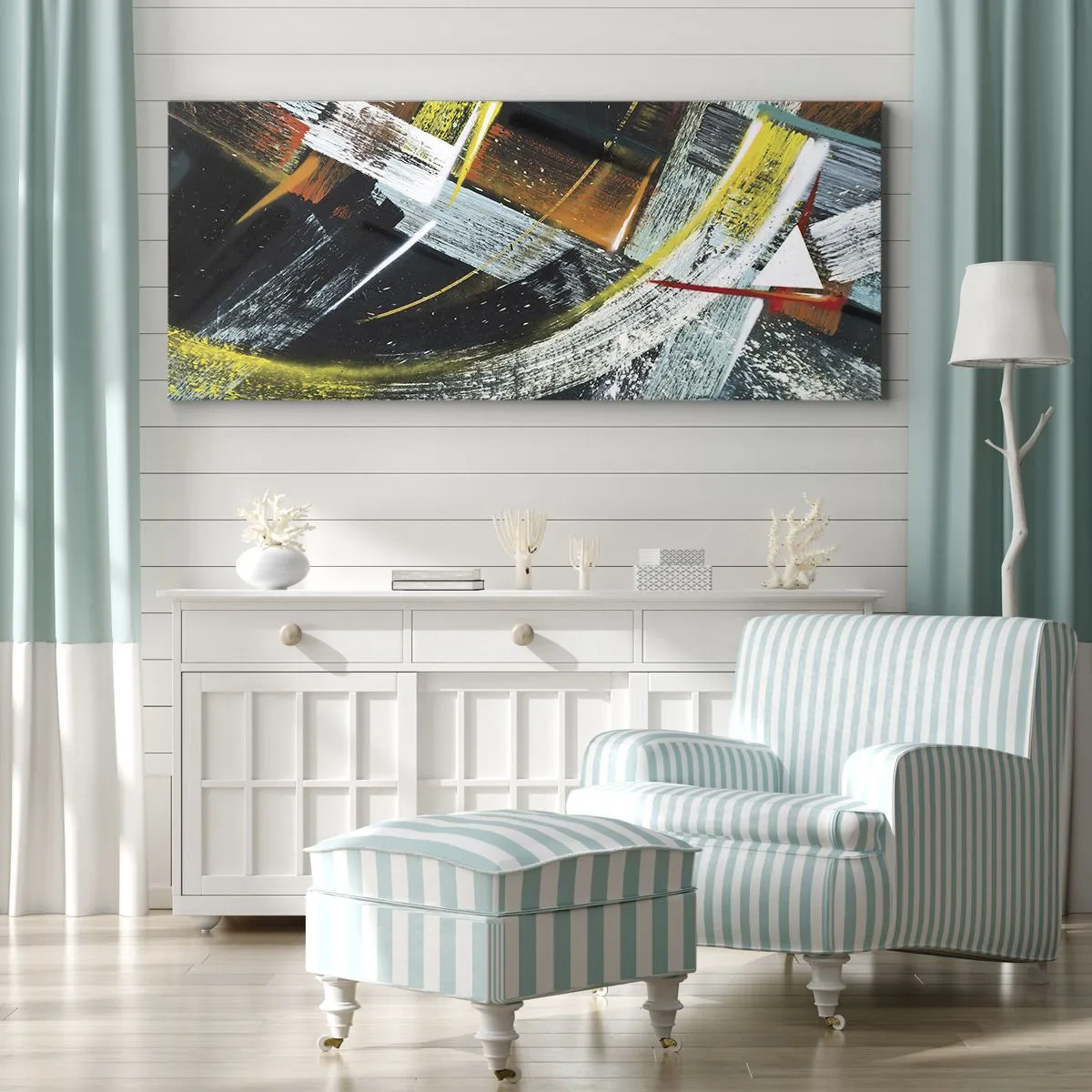 Bild auf Leinwand - Leinwandbild - Bunte abstrakte Pinselstriche - 140x50cm - Energie der Bewegung - Moderne Wanddekoration für Wohnzimmer und Schlafzimmer ARTTOR