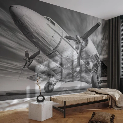 Fototapete Premium Sand - Ein altes schwarz-weißes Flugzeug auf der Landebahn - 100x70cm - Immer flugbereit - Moderne Wanddekoration für Wohnzimmer und Schlafzimmer ARTTOR