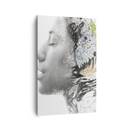 Bild auf Leinwand - Leinwandbild - Profil einer Frau in einer künstlerischen Collage aus Natur und Schwärze - 80x120cm - Eingebettet in der Natur - Moderne Wanddekoration für Wohnzimmer und Schlafzimmer ARTTOR