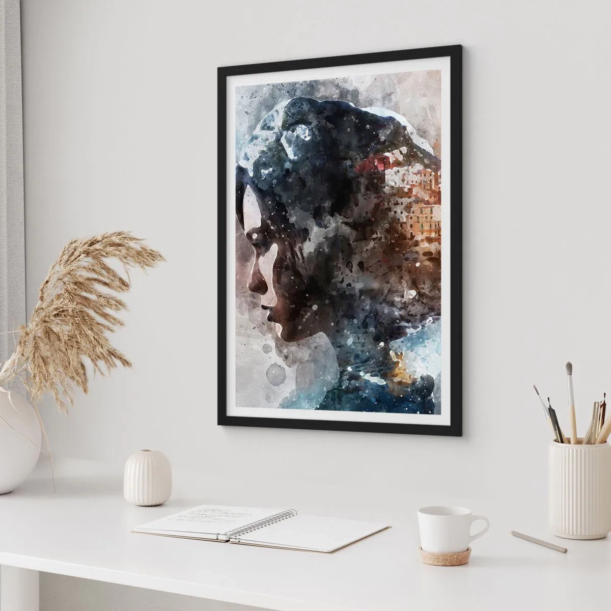 Poster in einem schwarzem Rahmen - Silhouette einer Frau mit einer Aquarelllandschaft im Hintergrund - 50x70cm - Eine Geschichte über ein Mädchen mit einer Stadt im Hintergrund - Moderne Wanddekoration für Wohnzimmer und Schlafzimmer ARTTOR