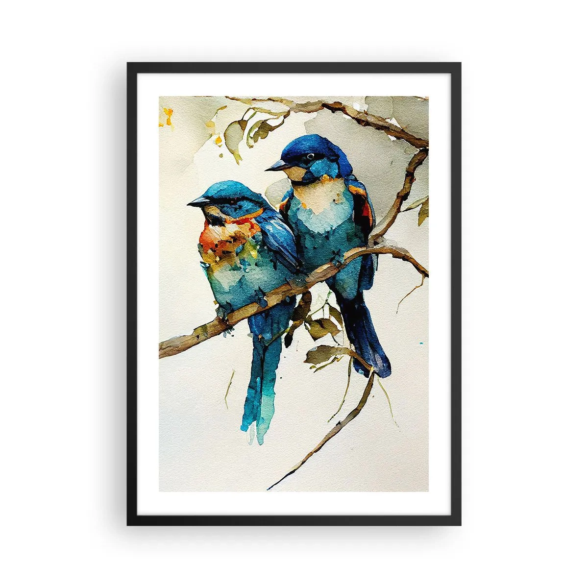 Poster in einem schwarzem Rahmen - Aquarellvögel auf einem Ast in Blau- und Brauntönen - 50x70cm - War er beleidigt? - Moderne Wanddekoration für Wohnzimmer und Schlafzimmer ARTTOR