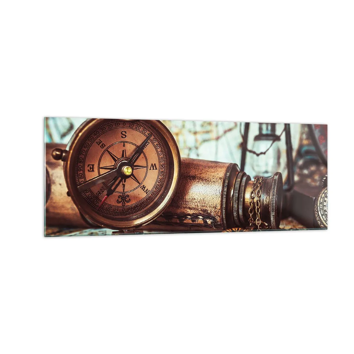 Glasbild - Bild auf glas - Ein Retro-Set mit Kompass, Teleskop und Karte im Reisethema - 140x50cm - Ein Piratenabenteuer in der Karibik wartet - Moderne Wanddekoration für Wohnzimmer und Schlafzimmer ARTTOR