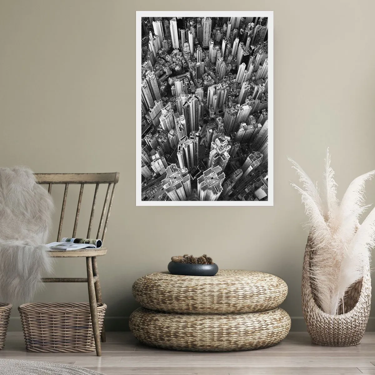 Poster - Luftaufnahme der Wolkenkratzer der Stadt in Schwarzweiß - 50x70cm - Immer höher und höher - Moderne Wanddekoration für Wohnzimmer und Schlafzimmer ARTTOR