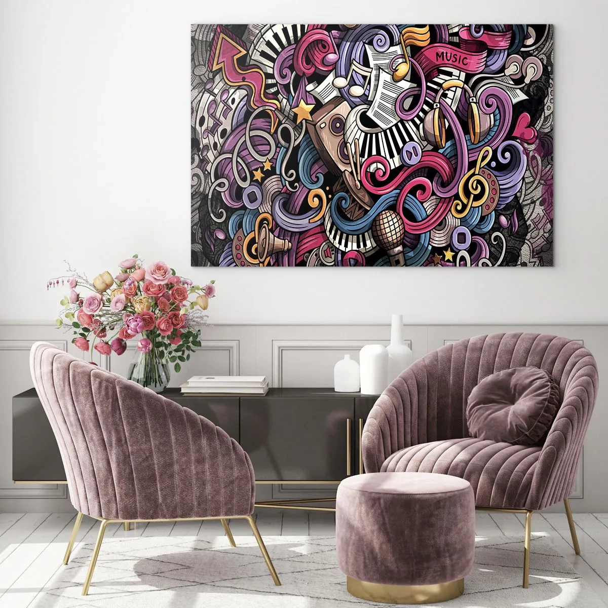 Glasbild - Bild auf glas - Bunte Musikthemen mit Noten und Instrumenten - 100x70cm - Komplizierte Melodie - Moderne Wanddekoration für Wohnzimmer und Schlafzimmer ARTTOR