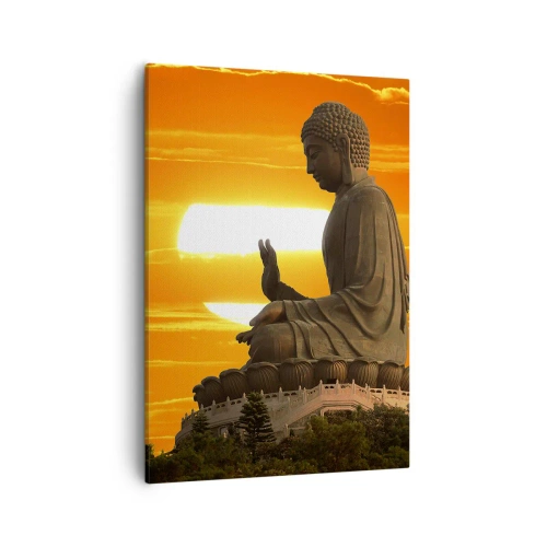 Bild auf Leinwand - Leinwandbild - Eine buddhistische Statue vor dem Hintergrund eines orangefarbenen Sonnenuntergangs - 50x70cm - Keine Angst vor der Welt - Moderne Wanddekoration für Wohnzimmer und Schlafzimmer ARTTOR