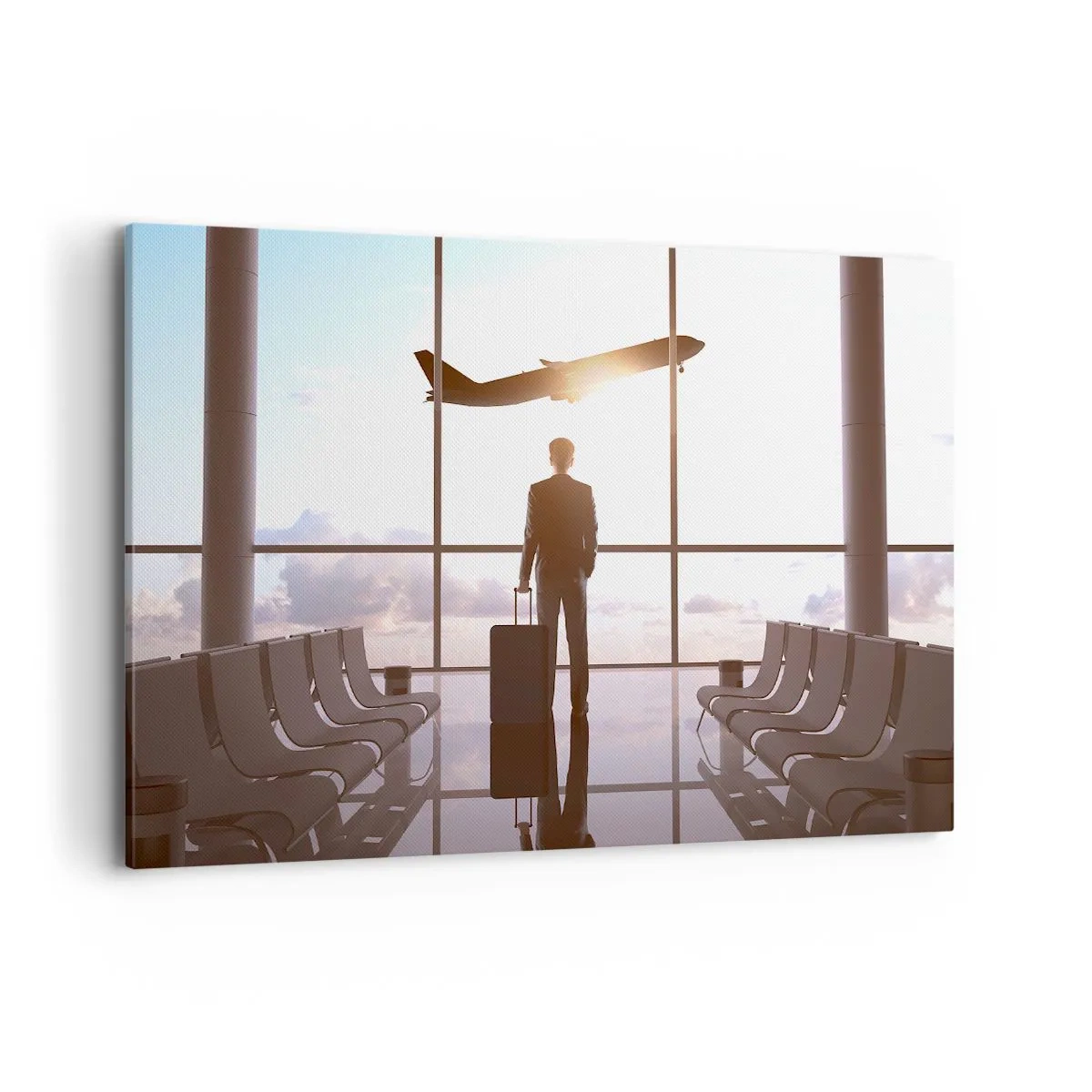 Bild auf Leinwand - Leinwandbild - Geschäftsmann am Flughafen mit einem Flugzeug im Hintergrund - 120x80cm - Du hast Zeit, lass dir Zeit - Moderne Wanddekoration für Wohnzimmer und Schlafzimmer ARTTOR