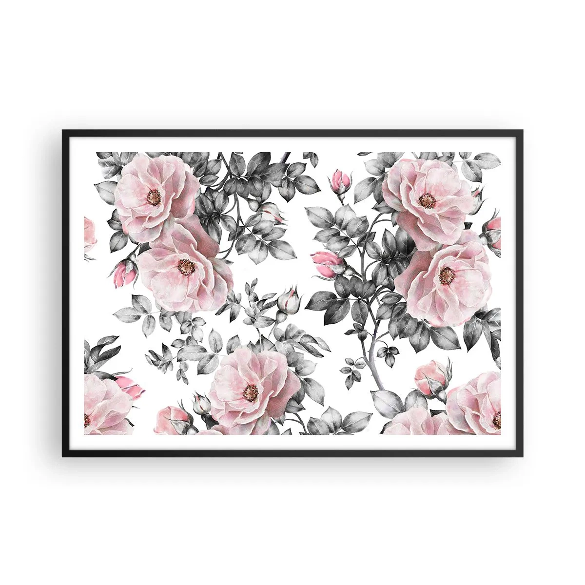 Poster in einem schwarzem Rahmen - Rosa Rosen und Blätter auf einem zarten schwarz-weißen Hintergrund - 100x70cm - Verliere dich in den Blüten der Rosen - Moderne Wanddekoration für Wohnzimmer und Schlafzimmer ARTTOR