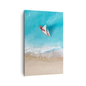 Bild auf Leinwand - Leinwandbild - Eine Vogelperspektive auf ein Boot am Strand - 80x120cm - An der Grenze von Blau und Gold - Moderne Wanddekoration für Wohnzimmer und Schlafzimmer ARTTOR