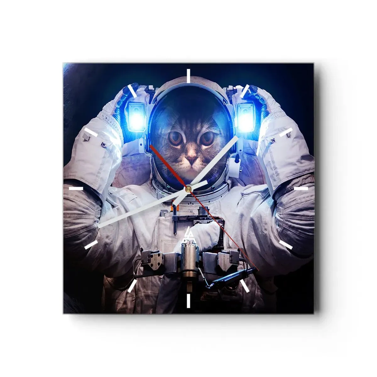 Wanduhr - Glasuhr - Eine Katze im Astronautenanzug mit der Erde im Hintergrund und einem hellen Licht. - 30x30cm - Houston, du hast ein Problem - Moderne Wanddekoration für Wohnzimmer und Schlafzimmer ARTTOR
