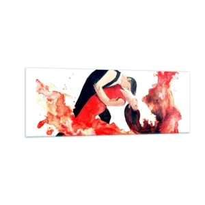 Glasbild - Bild auf glas - Ein dynamisches Aquarellgemälde eines tanzenden Paares in roten Farben. - 140x50cm - Tango - eine sinnliche Welle - Moderne Wanddekoration für Wohnzimmer und Schlafzimmer ARTTOR