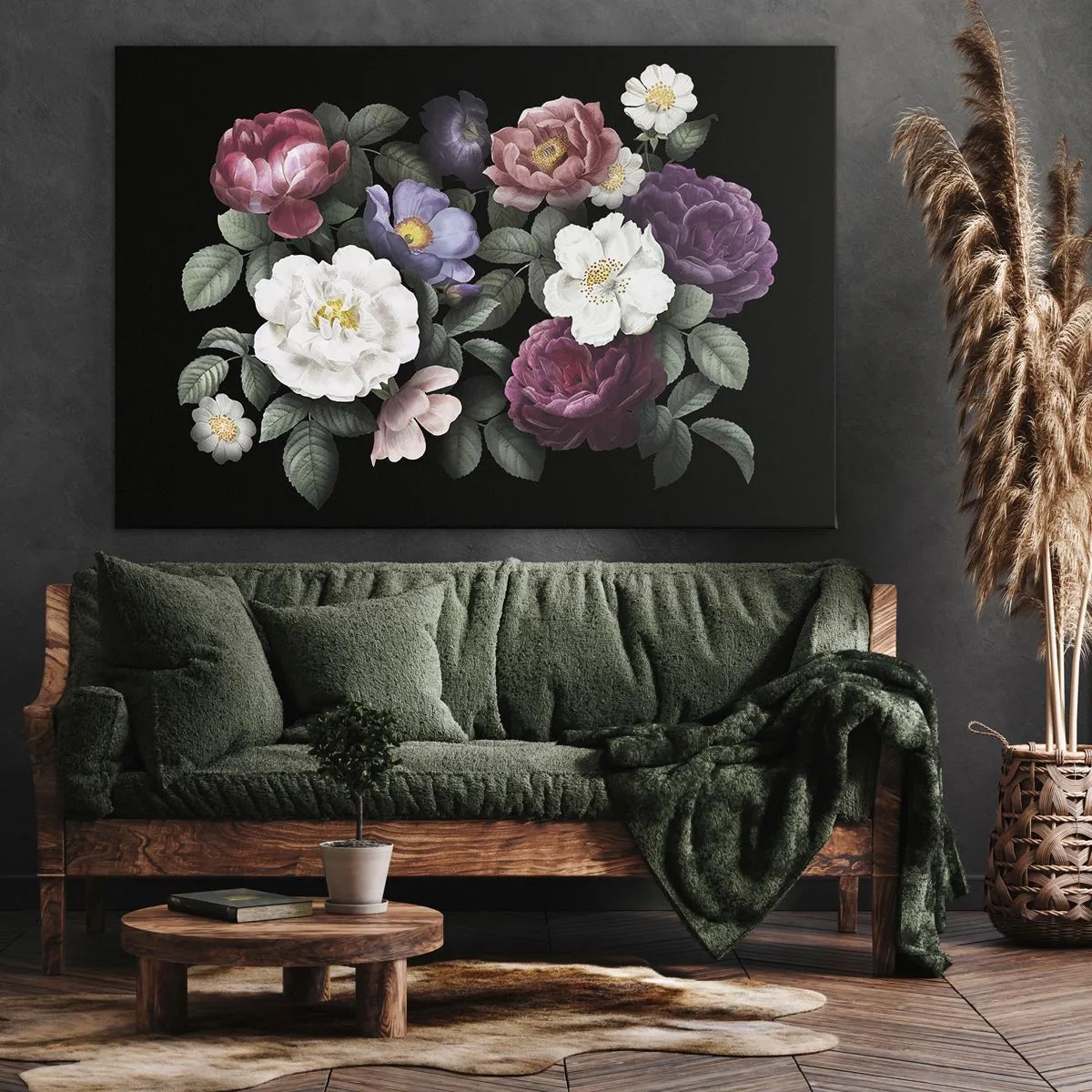 Bild auf Leinwand - Leinwandbild - Blumen in verschiedenen Farben auf schwarzem Hintergrund - 70x50cm - Aus dem Englischen Garten - Moderne Wanddekoration für Wohnzimmer und Schlafzimmer ARTTOR