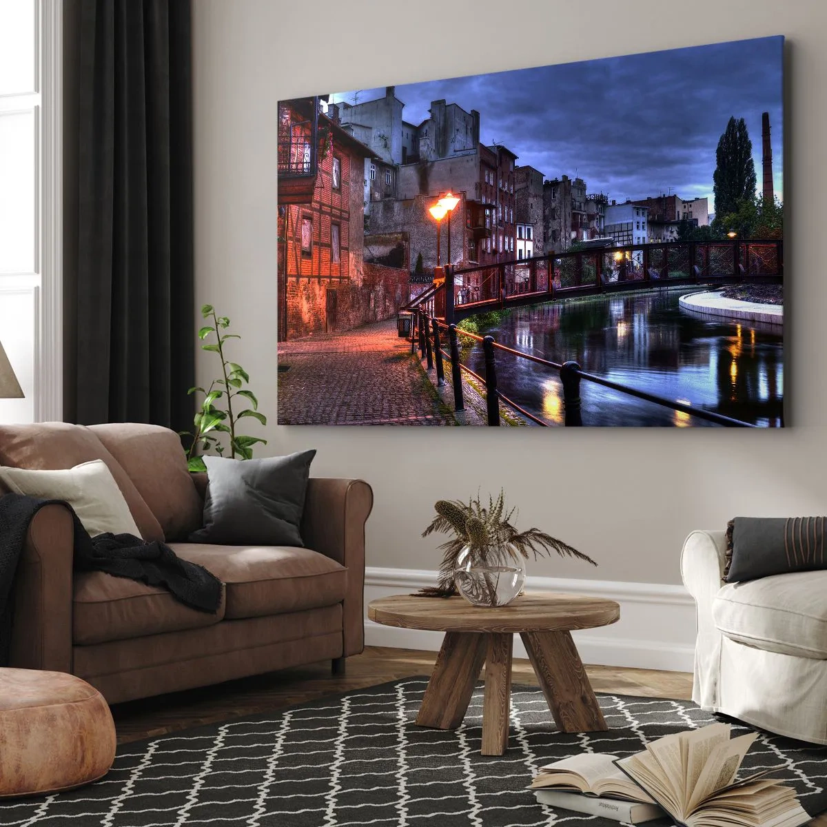 Bild auf Leinwand - Leinwandbild - Abendlicher Blick auf die Mietshäuser und die Brücke über den Kanal - 100x70cm - Solches Bydgoszcz kannte man nicht - Moderne Wanddekoration für Wohnzimmer und Schlafzimmer ARTTOR