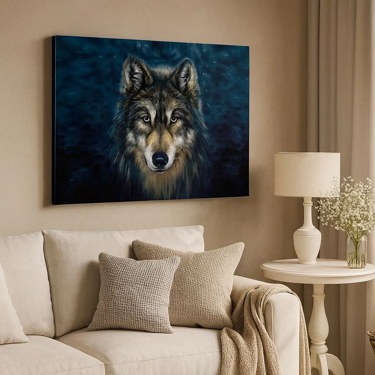 Bild auf Leinwand - Leinwandbild - Porträt eines Wolfes auf dunkelblauem Hintergrund - 70x50cm - Alpha? Und Omega - Moderne Wanddekoration für Wohnzimmer und Schlafzimmer ARTTOR