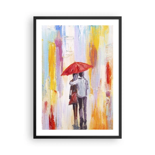 Poster in einem schwarzem Rahmen - Eine romantische Szene mit einem Paar unter einem roten Regenschirm vor der Kulisse einer Stadt. - 50x70cm - Lass es weiter regnen - Moderne Wanddekoration für Wohnzimmer und Schlafzimmer ARTTOR