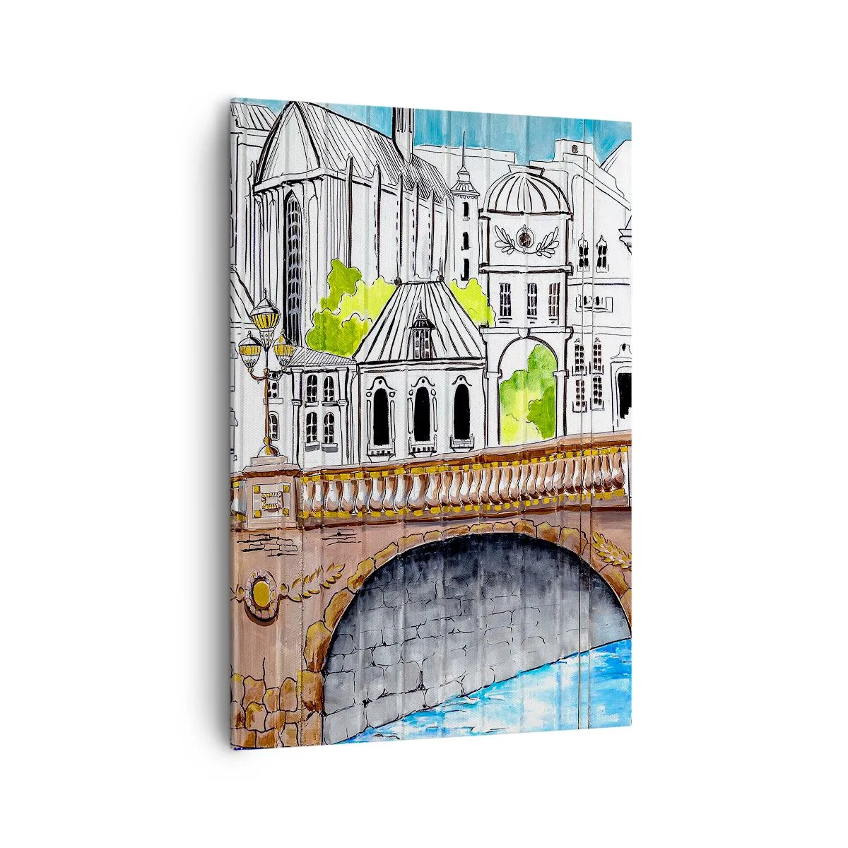 Bild auf Leinwand - Leinwandbild - Zeichnung der Brücke und historische Stadtarchitektur - 70x100cm - Die Stadt ist gemalt - Moderne Wanddekoration für Wohnzimmer und Schlafzimmer ARTTOR