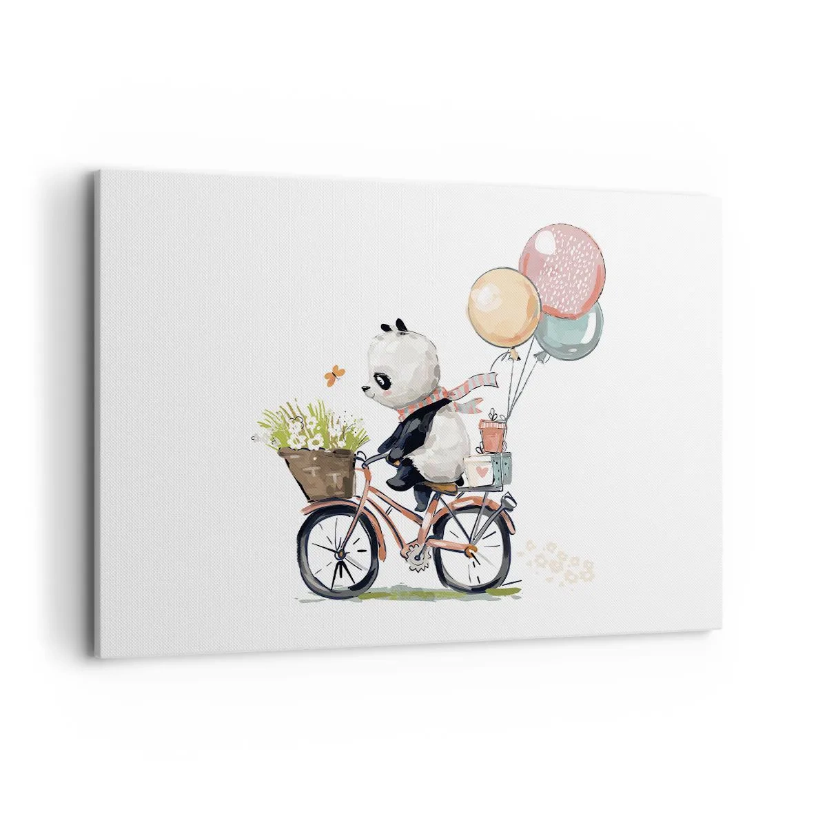 Bild auf Leinwand - Leinwandbild - Panda auf einem Fahrrad mit Luftballons und Blumen - 120x80cm - Glücklicher Tag - Moderne Wanddekoration für Wohnzimmer und Schlafzimmer ARTTOR