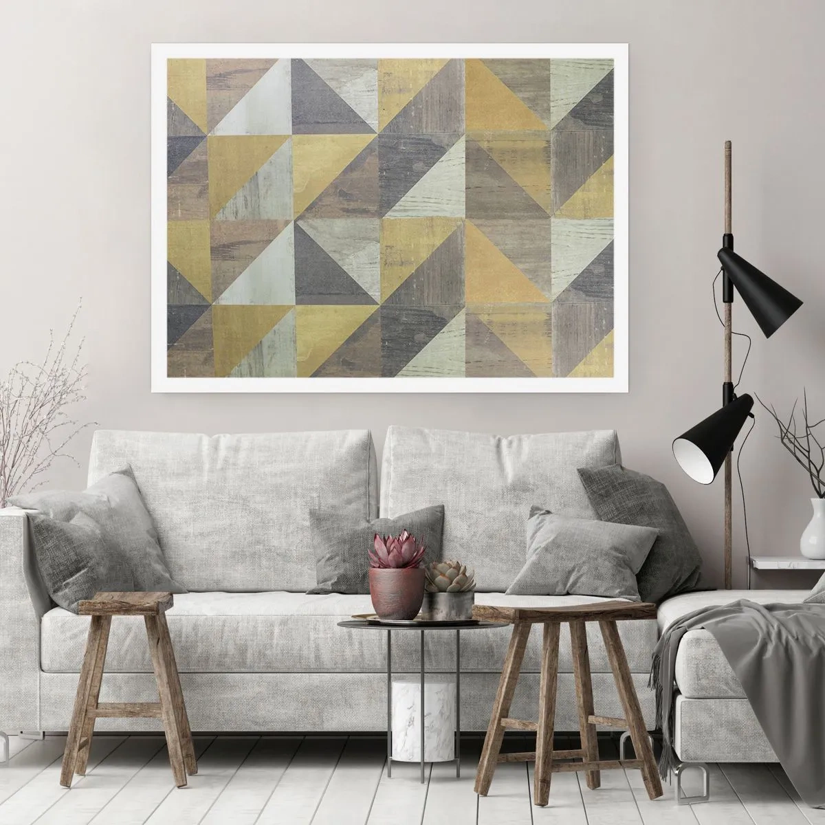 Poster - Geometrische Komposition aus Dreiecken in erdigen Farbtönen - 100x70cm - Am Winkel des Dreiecks - Moderne Wanddekoration für Wohnzimmer und Schlafzimmer ARTTOR