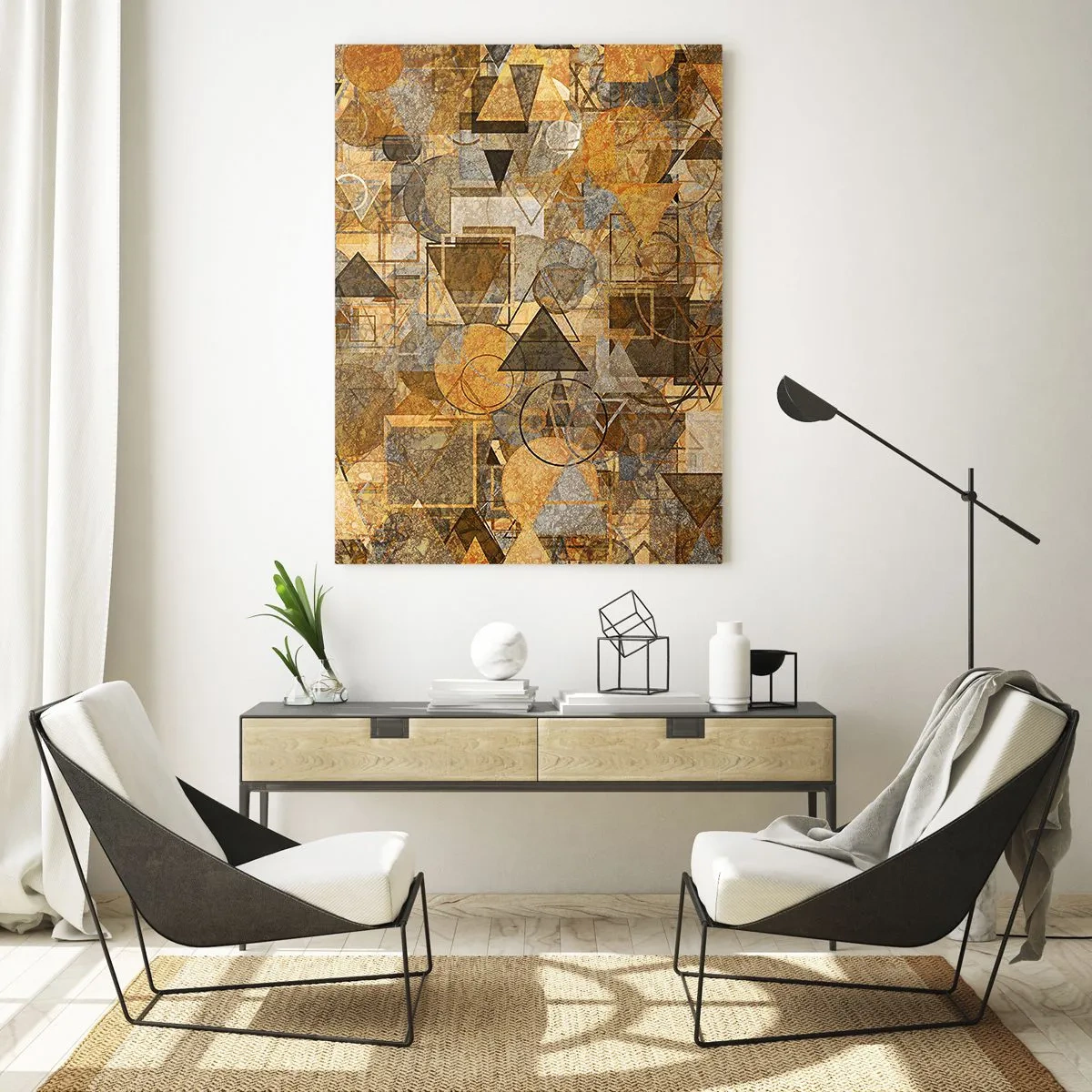 Glasbild - Bild auf glas - Abstrakte geometrische Komposition in warmen Tönen - 50x70cm - Die Welt in Form - Moderne Wanddekoration für Wohnzimmer und Schlafzimmer ARTTOR