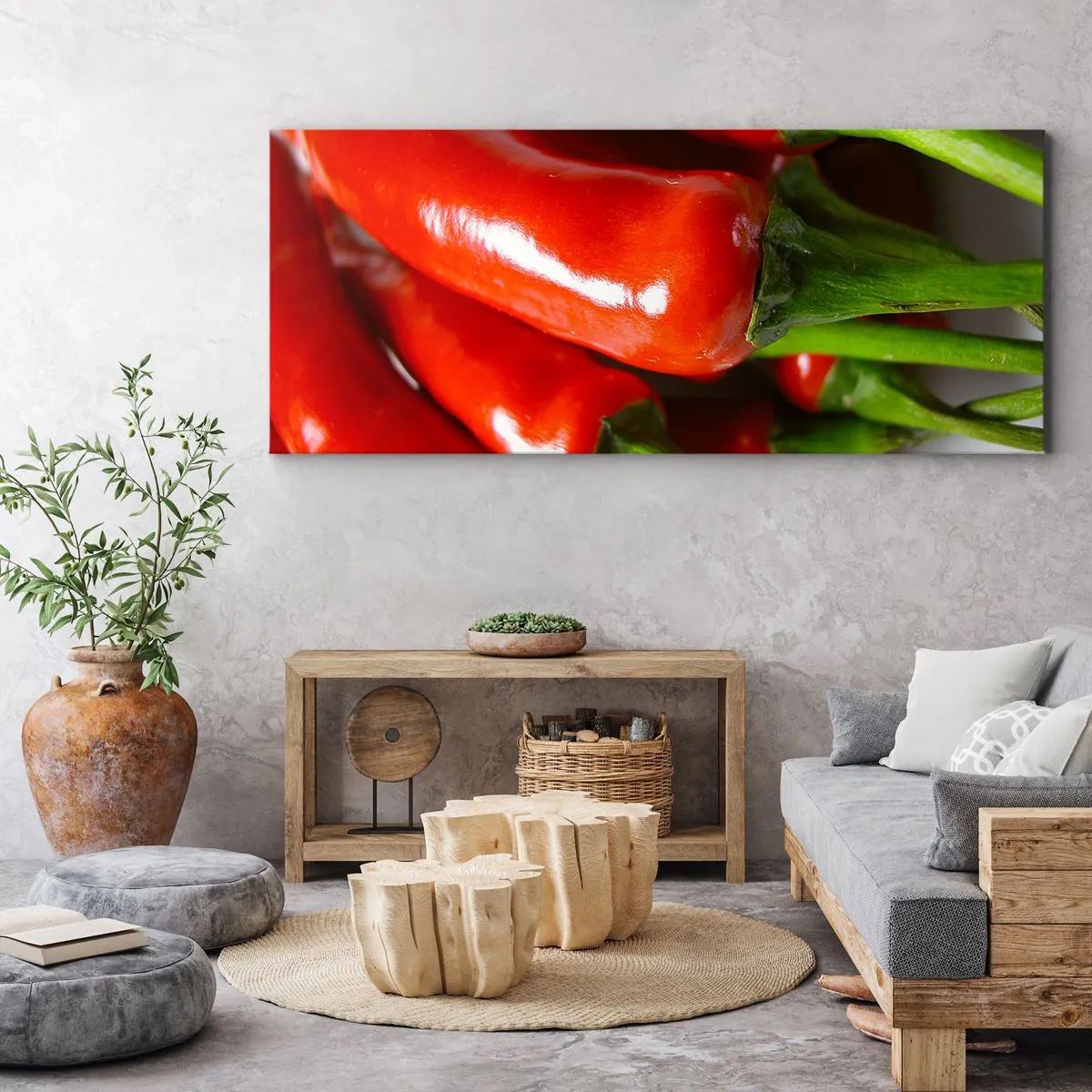 Bild auf Leinwand - Leinwandbild - Nahaufnahme von roten Chilischoten mit grünen Stielen - 140x50cm - Saftig, glänzend, glatt - Moderne Wanddekoration für Wohnzimmer und Schlafzimmer ARTTOR