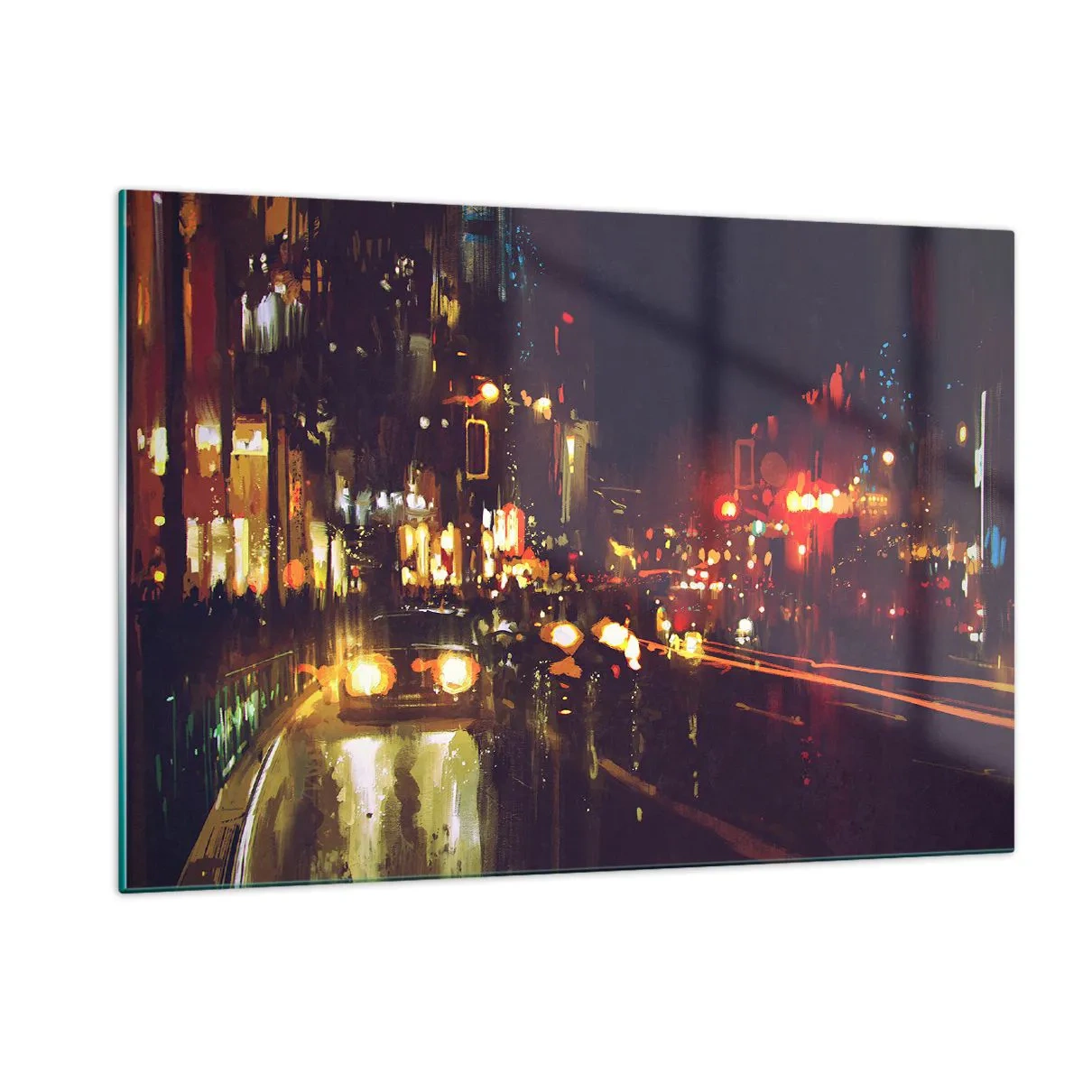 Glasbild - Bild auf glas - Stadtnachtlandschaft mit Autos und Straßenlaternen - 120x80cm - Eingetaucht in die Lichter der Nacht - Moderne Wanddekoration für Wohnzimmer und Schlafzimmer ARTTOR