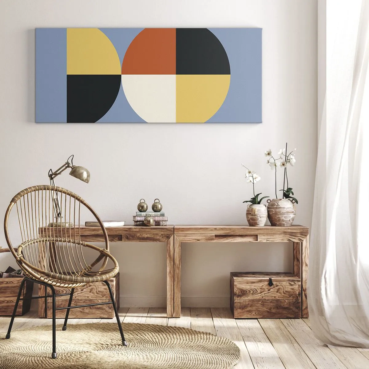 Bild auf Leinwand - Leinwandbild - Geometrische Kreise auf blauem Hintergrund - 140x50cm - Beobachte und zähle - Moderne Wanddekoration für Wohnzimmer und Schlafzimmer ARTTOR