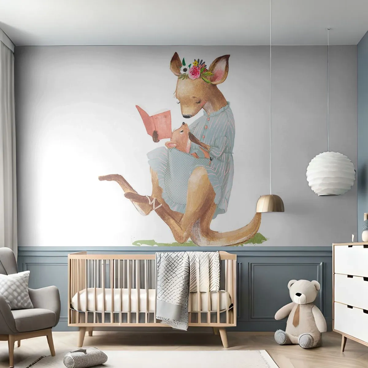 Fototapete Premium Sand - Abbildung einer Kängurumutter, die mit ihrem Jungen ein Buch liest - 100x70cm - Lies mir vor Mama - Moderne Wanddekoration für Wohnzimmer und Schlafzimmer ARTTOR