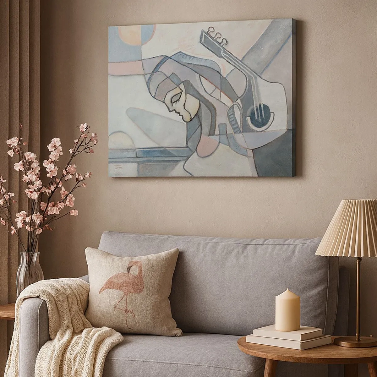 Bild auf Leinwand - Leinwandbild - Eine abstrakte Figur mit einer Gitarre in Pastellfarben. - 70x50cm - In der Kraft der Musik - Moderne Wanddekoration für Wohnzimmer und Schlafzimmer ARTTOR