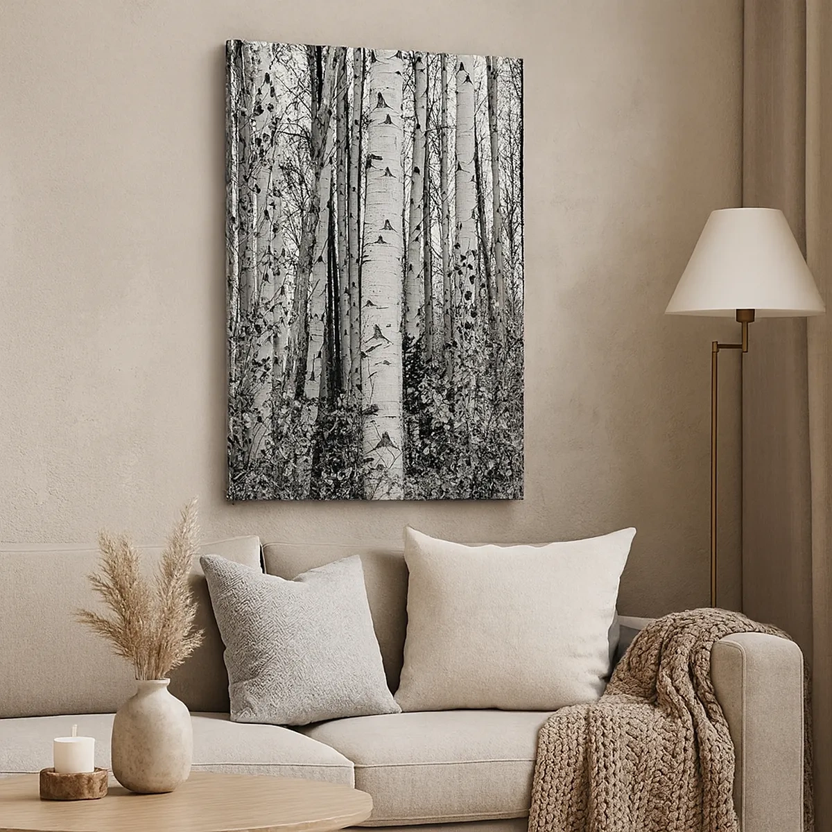 Bild auf Leinwand - Leinwandbild - Schwarz-weiße Birken im Wald - 50x70cm - Birkenkolonnade - Moderne Wanddekoration für Wohnzimmer und Schlafzimmer ARTTOR