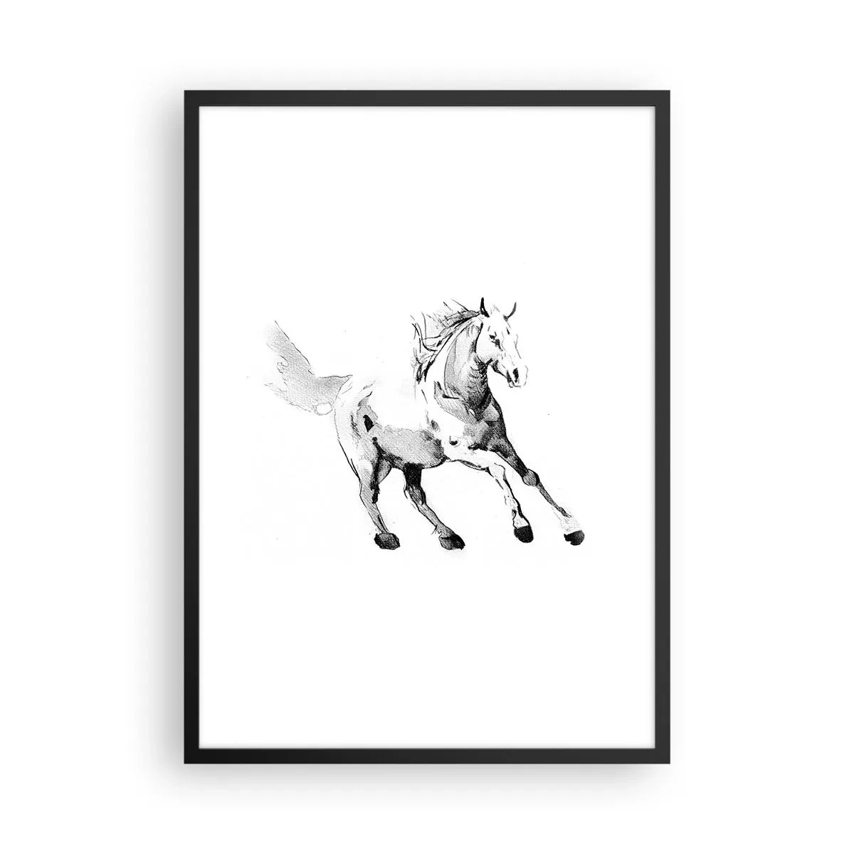 Poster in einem schwarzem Rahmen - Eine minimalistische Illustration eines galoppierenden Pferdes - 50x70cm - Ungezähmte Seele - Moderne Wanddekoration für Wohnzimmer und Schlafzimmer ARTTOR