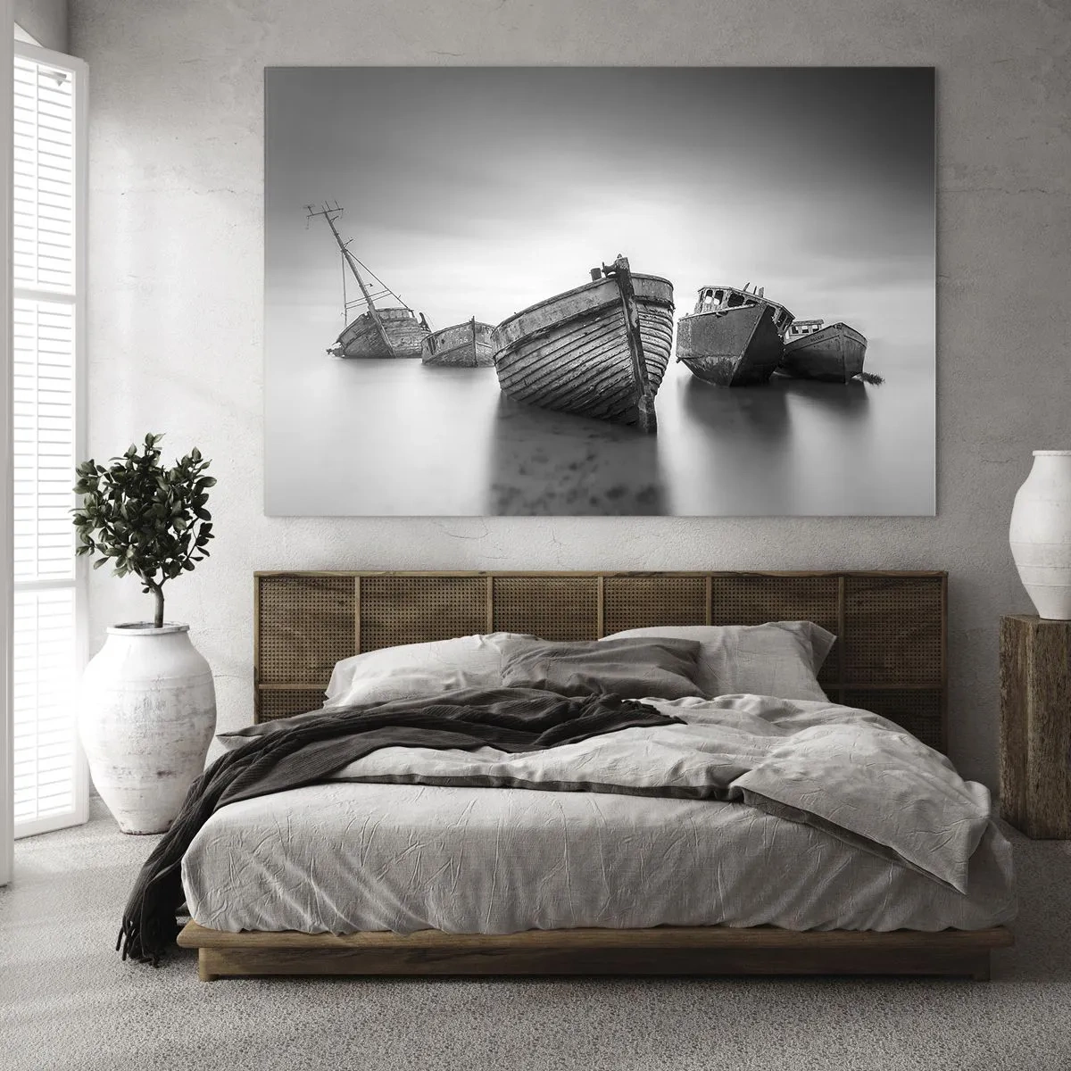 Glasbild - Bild auf glas - Verlassene Boote auf ruhigem Wasser in Schwarz und Weiß - 70x50cm - Nur Erinnerungen ... - Moderne Wanddekoration für Wohnzimmer und Schlafzimmer ARTTOR