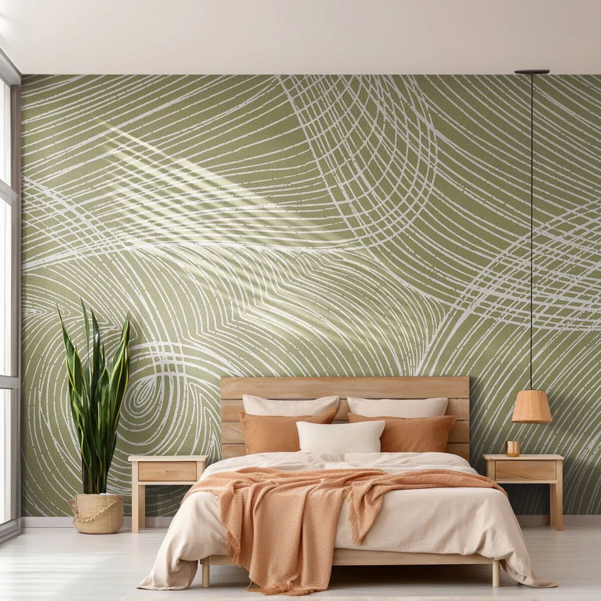 Fototapete Premium Sand - Weiße, wirbelnde Linien auf olivgrünem Hintergrund im abstrakten Stil. - 100x70cm - Komplizierte Abstraktion in Weiß - Moderne Wanddekoration für Wohnzimmer und Schlafzimmer ARTTOR