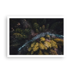 Poster - Ein Blick von oben auf einen Wald mit einem gewundenen Fluss - 100x70cm - Schnell und immer schneller - Moderne Wanddekoration für Wohnzimmer und Schlafzimmer ARTTOR