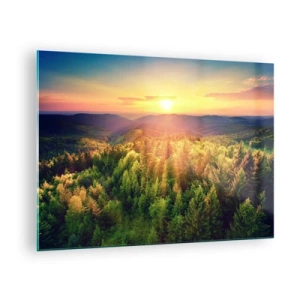 Glasbild - Bild auf glas - Sonnenuntergang über einem Bergwald mit Blick auf die Täler - 70x50cm - Scheitelpunkte und Spitzen - Moderne Wanddekoration für Wohnzimmer und Schlafzimmer ARTTOR