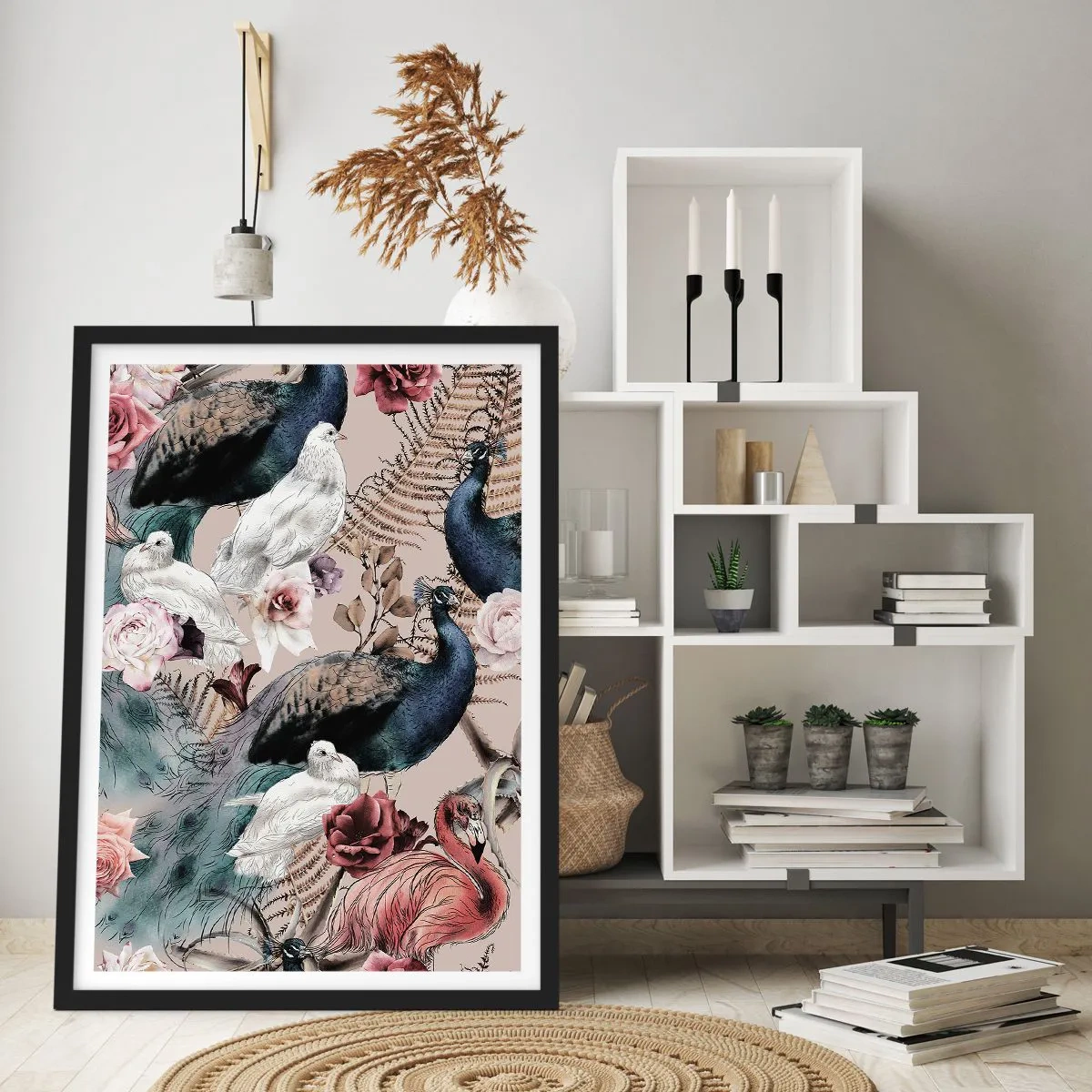 Poster in einem schwarzem Rahmen - Bunte Vögel und Blumen auf beigem Hintergrund - 50x70cm - Im Schlossgarten - Moderne Wanddekoration für Wohnzimmer und Schlafzimmer ARTTOR