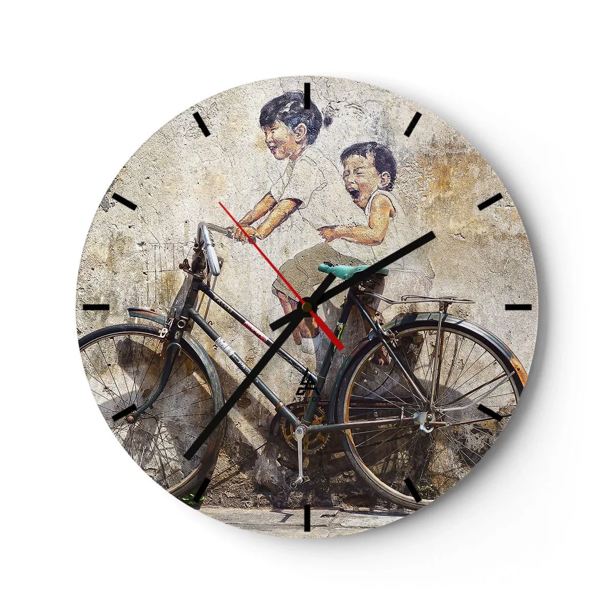 Wanduhr - Glasuhr - Eine Wand mit einem Gemälde von Kindern auf einem Fahrrad - 30x30cm - Richtig oder falsch? - Moderne Wanddekoration für Wohnzimmer, Küche und Schlafzimmer ARTTOR