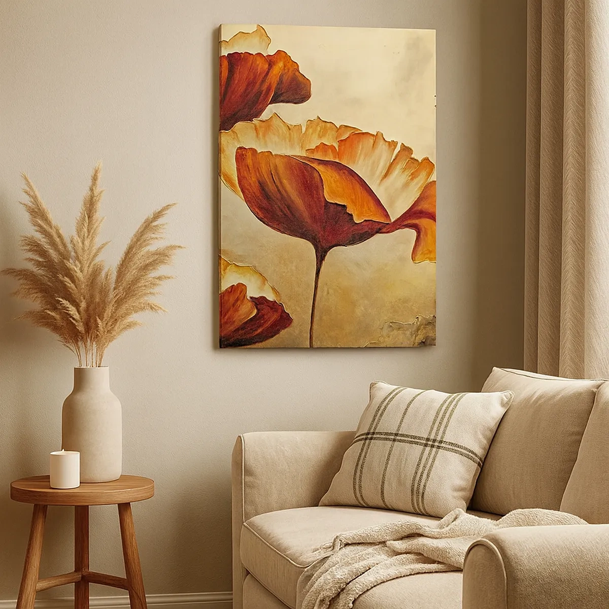 Bild auf Leinwand - Leinwandbild - Dezente Blumen in Rot- und Goldtönen auf hellem Untergrund - 50x70cm - Weideland - Moderne Wanddekoration für Wohnzimmer und Schlafzimmer ARTTOR