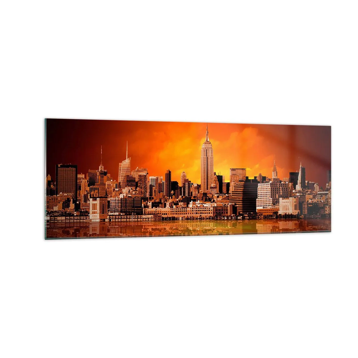 Glasbild - Bild auf glas - Panorama der Stadt bei Sonnenuntergang mit im Wasser reflektierten Gebäuden - 140x50cm - Das Großstadtpanorama in Gelb und Bronze - Moderne Wanddekoration für Wohnzimmer und Schlafzimmer ARTTOR