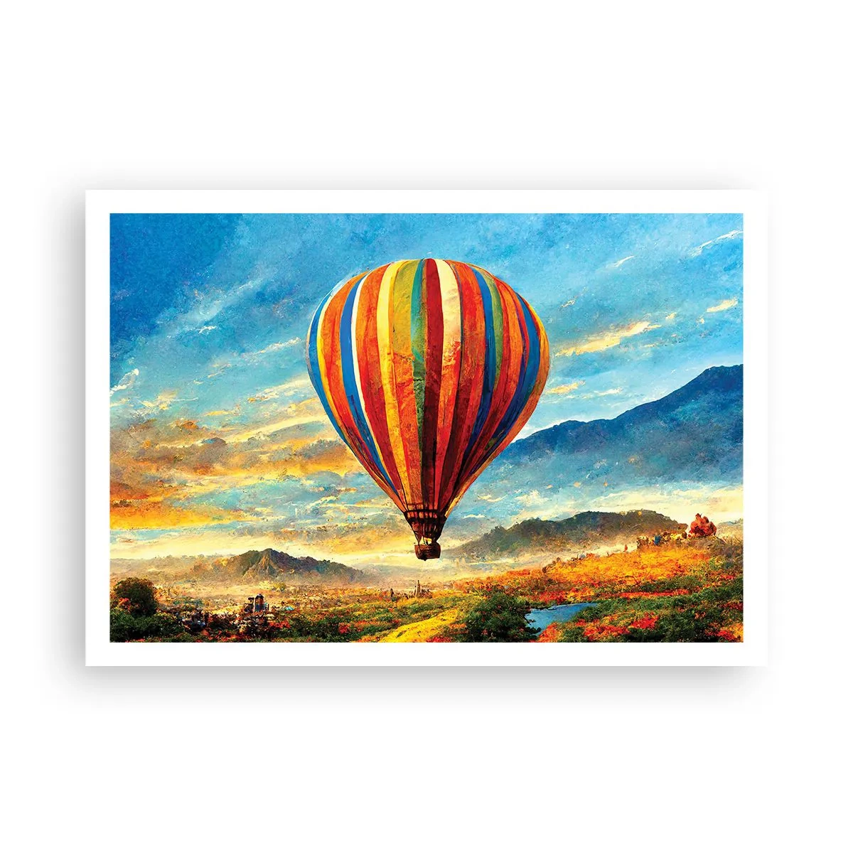 Poster - Ein bunter Ballon über einer malerischen Landschaft - 100x70cm - In der Stille sieht man mehr - Moderne Wanddekoration für Wohnzimmer und Schlafzimmer ARTTOR
