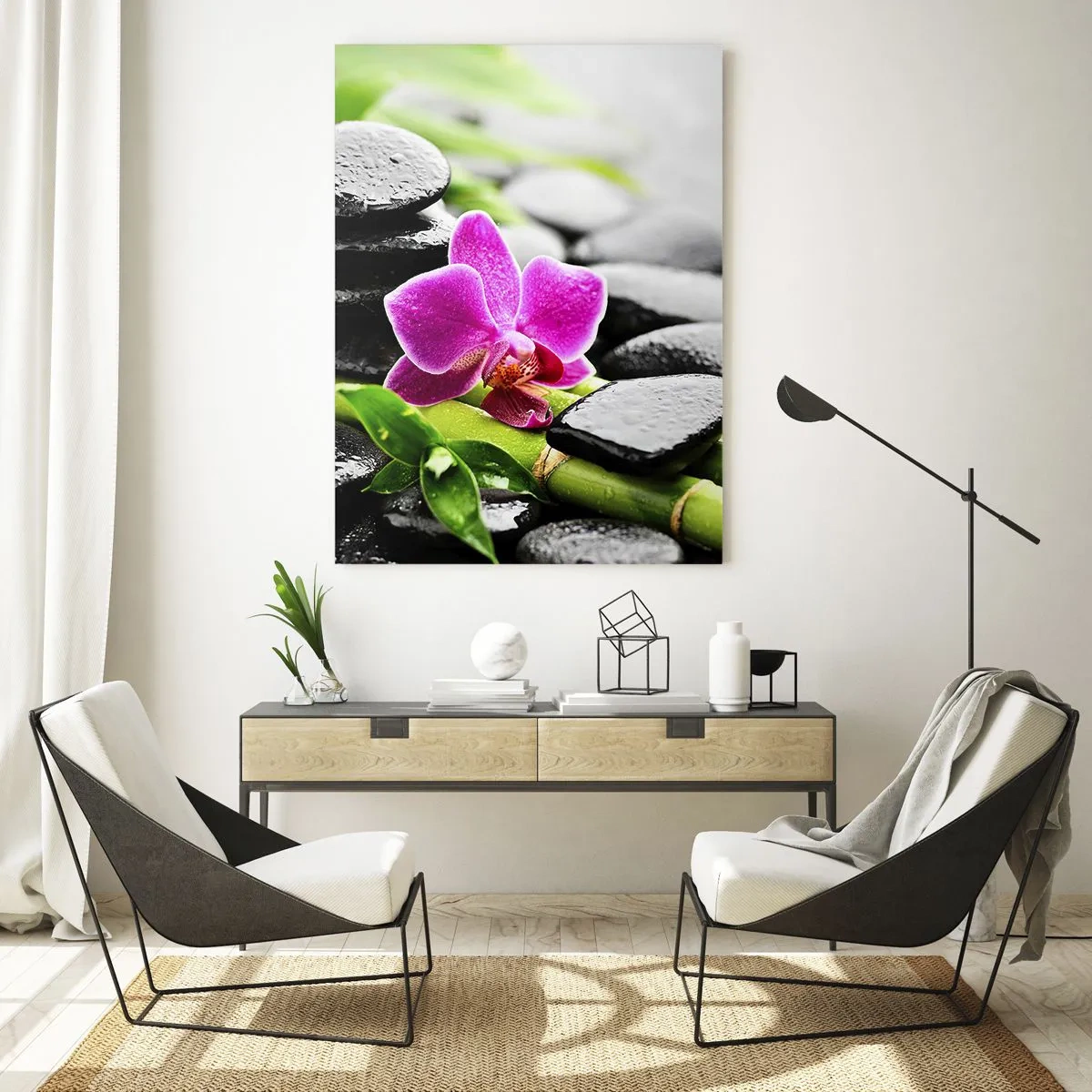 Glasbild - Bild auf glas - Orchidee, schwarze Steine und Bambus in einem ruhigen Arrangement - 50x70cm - In ruhiger Balance - Moderne Wanddekoration für Wohnzimmer und Schlafzimmer ARTTOR