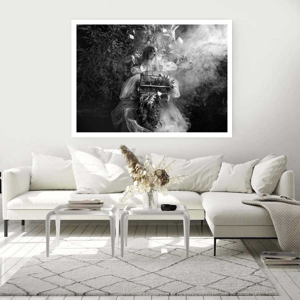 Poster - Eine Schwarz-Weiß-Komposition mit einer Figur in einem Kleid und einem Käfig im Nebel. - 100x70cm - Mutter selbst - Natur - Moderne Wanddekoration für Wohnzimmer und Schlafzimmer ARTTOR