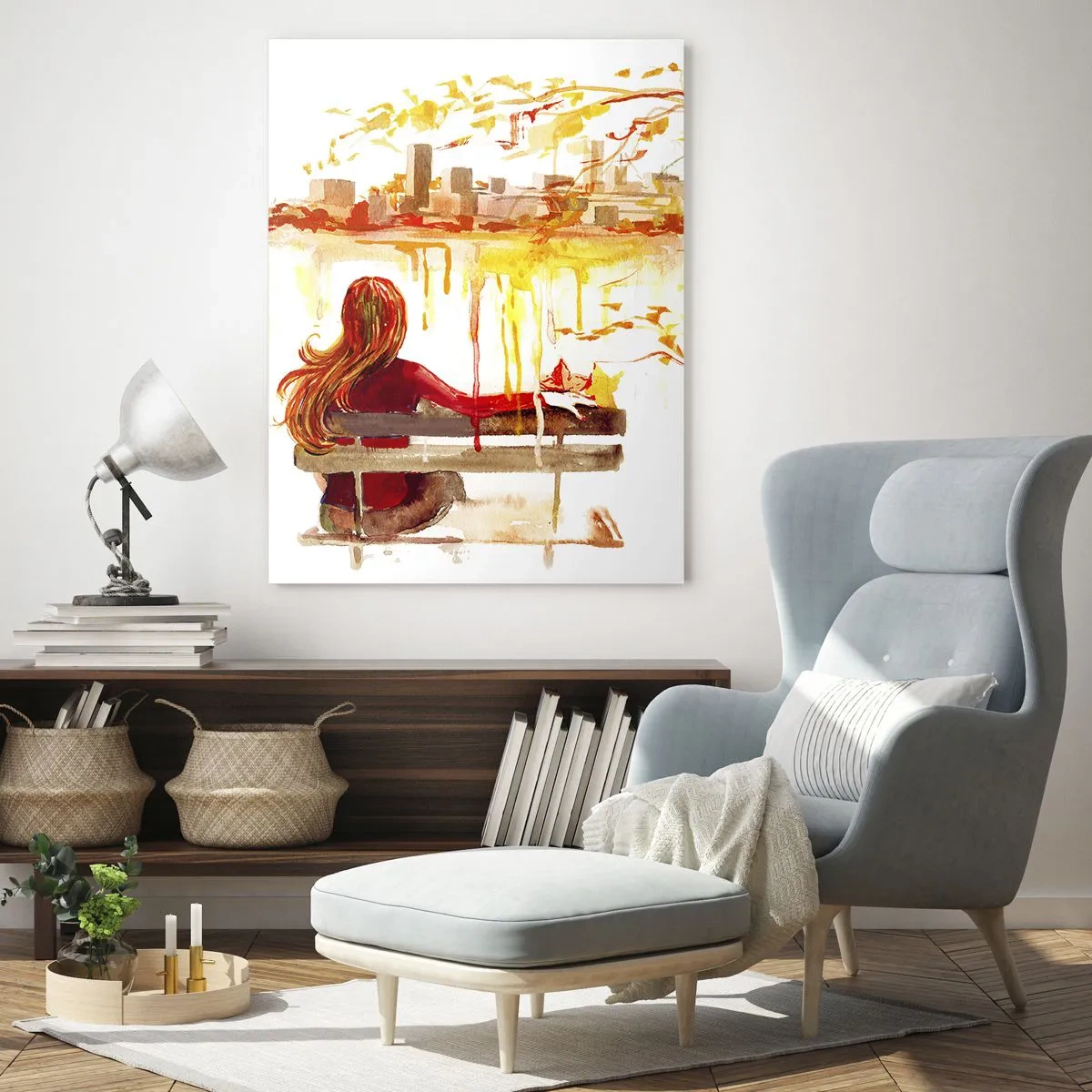 Glasbild - Bild auf glas - Eine Figur auf einer Bank mit Blick auf die Stadt in Aquarell - 50x70cm - Ein Moment der Besinnung - Moderne Wanddekoration für Wohnzimmer und Schlafzimmer ARTTOR
