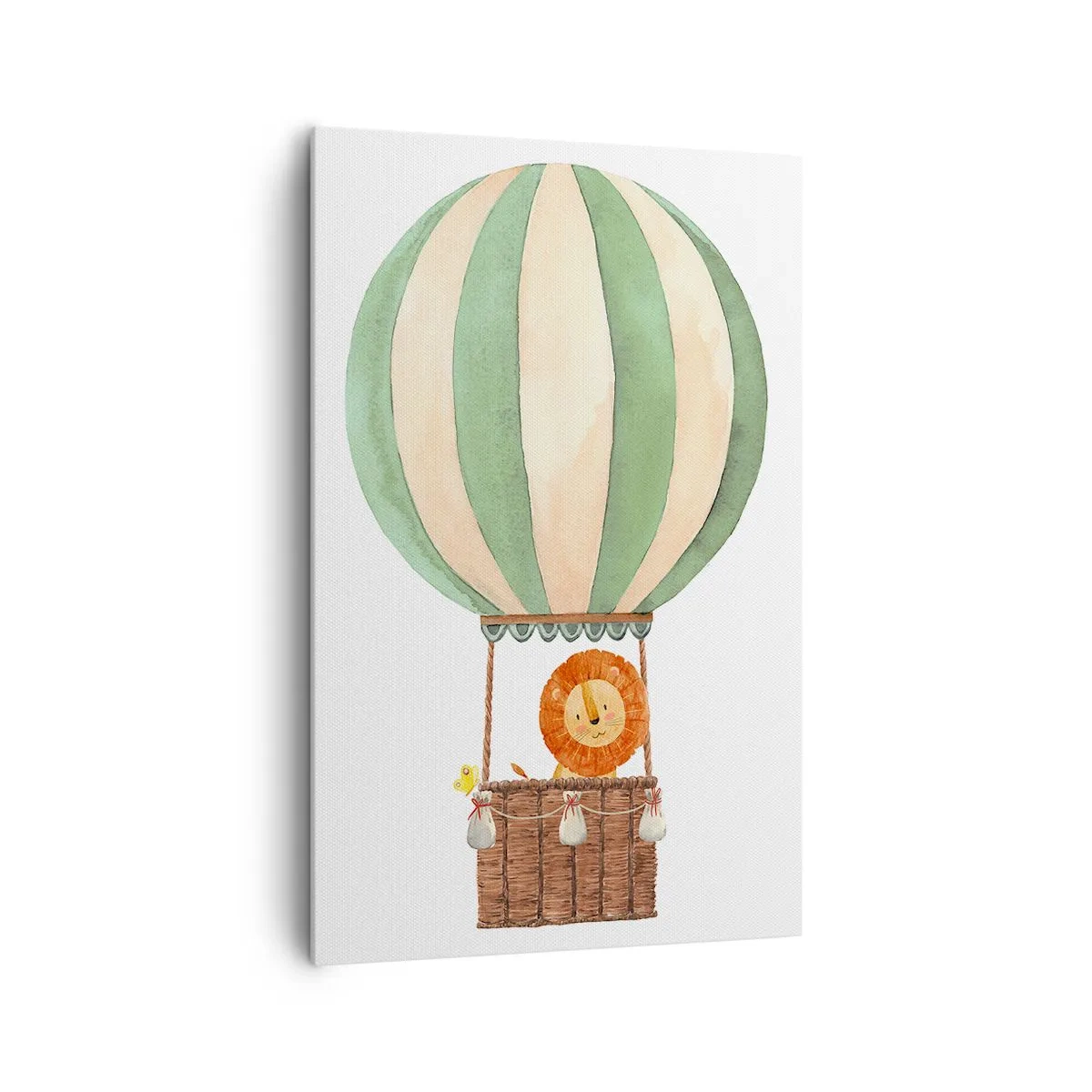 Bild auf Leinwand - Leinwandbild - Ein Ballon mit einem lächelnden Löwen in einem pastellfarbenen Korb - 80x120cm - Leons Reisen - Moderne Wanddekoration für Wohnzimmer und Schlafzimmer ARTTOR
