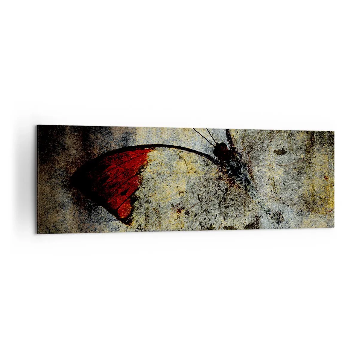 Bild auf Leinwand - Leinwandbild - Ein Schmetterling in Rot- und Grautönen auf strukturiertem Hintergrund - 160x50cm - Pass auf, bevor ich verschwinde - Moderne Wanddekoration für Wohnzimmer und Schlafzimmer ARTTOR