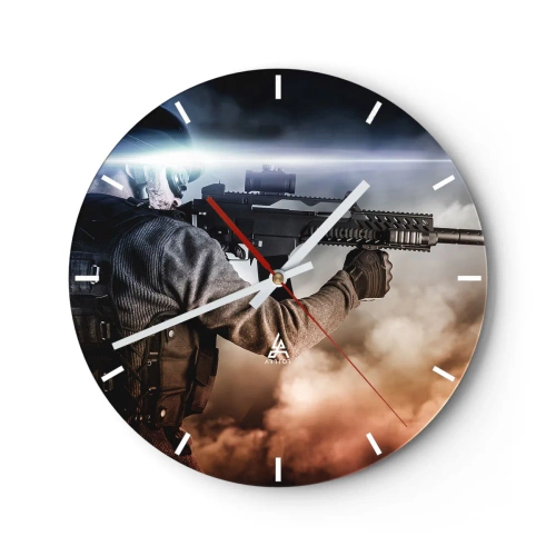 Wanduhr - Glasuhr - Ein Soldat mit einem Gewehr vor einem Hintergrund aus Rauch und Lichtblitzen. - 30x30cm - Nur ein Held - Moderne Wanddekoration für Wohnzimmer, Küche und Schlafzimmer ARTTOR