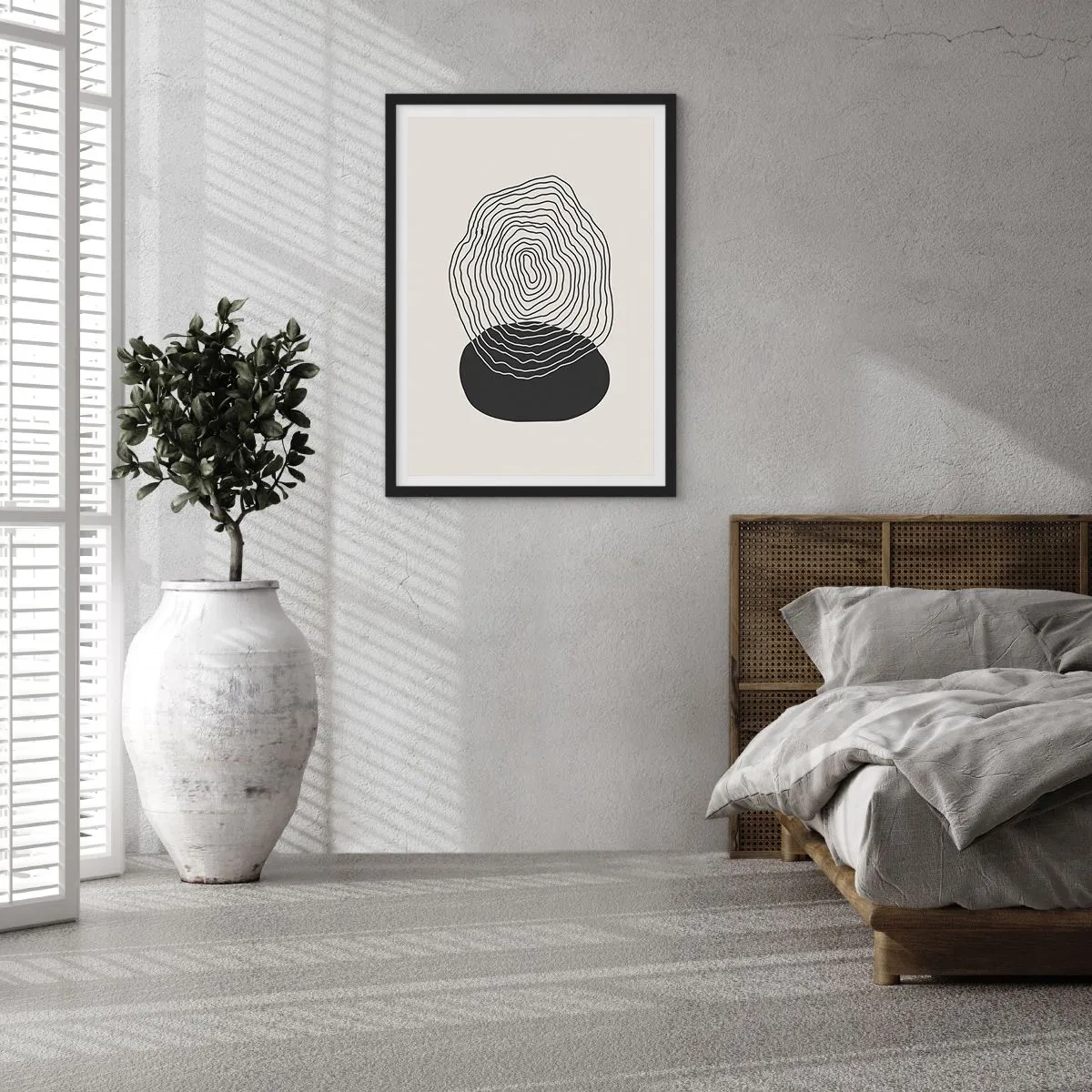 Poster in einem schwarzem Rahmen - Schwarze Linien bilden eine abstrakte Form auf hellem Hintergrund - 50x70cm - Dauer und Schwingung - Moderne Wanddekoration für Wohnzimmer und Schlafzimmer ARTTOR