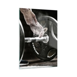 Glasbild - Bild auf glas - Gewichtheben mit Kreide an den Händen und einer Langhantel - 50x70cm - Herausforderung angenommen! - Moderne Wanddekoration für Wohnzimmer und Schlafzimmer ARTTOR