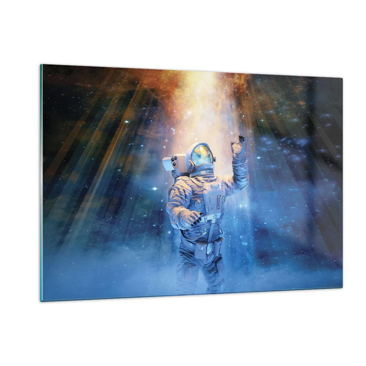 Glasbild - Bild auf glas - Ein Astronaut im Weltraum, beleuchtet von Lichtstrahlen - 120x80cm - Endlich am Ende - Moderne Wanddekoration für Wohnzimmer und Schlafzimmer ARTTOR